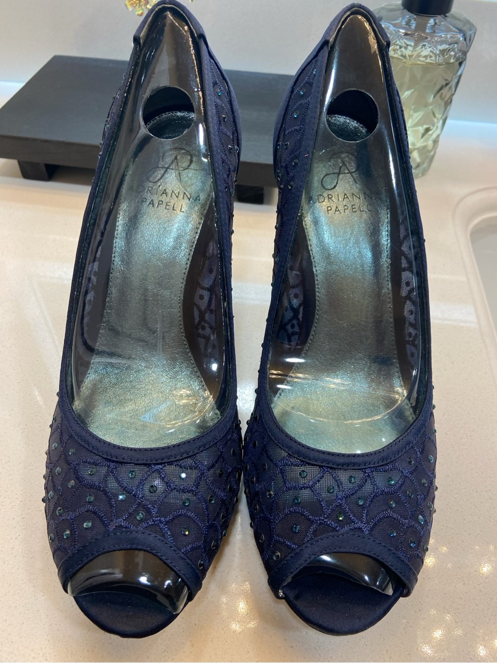 Adrianna Papell Navy Beaded Peep-Toe Heels